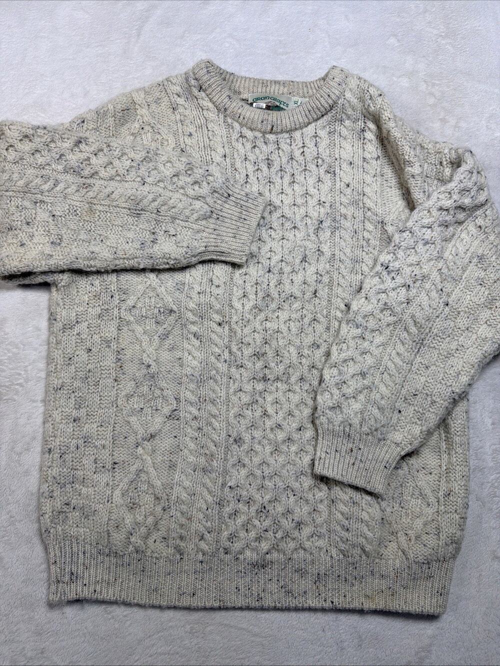 Aran Crafts Ireland Pure Wool Cable Knit Fisherman Sweater Oatmeal Sz XL